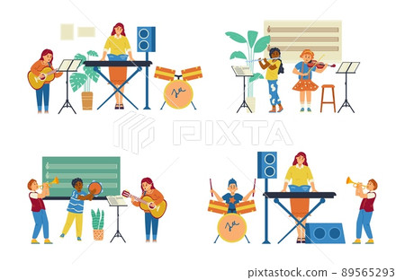 Children music class or art school set, flat vector illustration isolated. 89565293