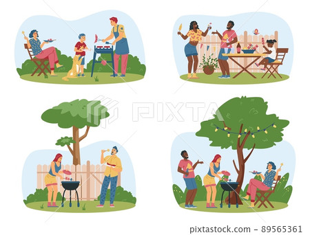 Families and neighbors have barbecue garden party at the backyard. Picnic at the park, flat vector illustration. Families and neighbors have barbecue garden party at the backyard. Picnic at the park, flat vector illustration. 89565361