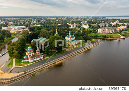 Summer aerial view of Uglich overlooking Kremlin Cathedrals on bank of Volga Summer aerial view of Uglich overlooking Kremlin Cathedrals on bank of Volga 89565478