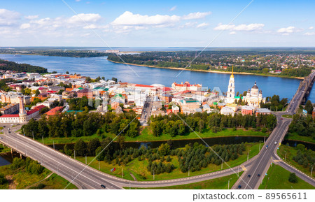 Summer view from drone of Rybinsk on Volga with bridge and Cathedral Summer view from drone of Rybinsk on Volga with bridge and Cathedral 89565611