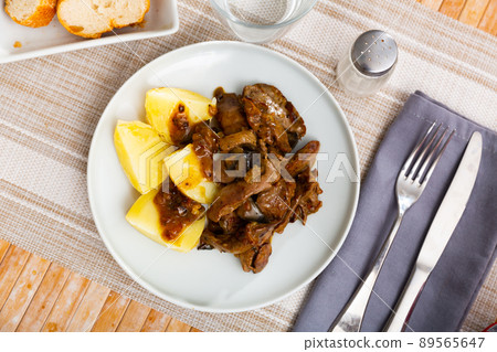 Fried rabbit liver served with boiled potato Fried rabbit liver served with boiled potato 89565647