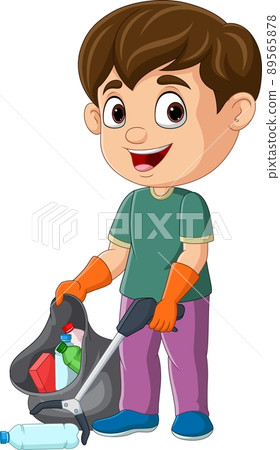 Cartoon boy gathering bottles into black plastic bag Cartoon boy gathering bottles into black plastic bag 89565878