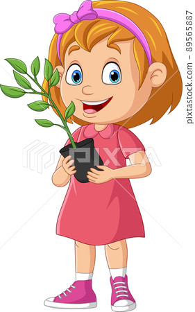 Cute little girl holding plants in pot 89565887