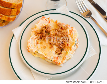Olivier salad with canned tuna dressed with mayonnaise Olivier salad with canned tuna dressed with mayonnaise 89566240