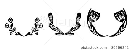 Vector set of monochrome clipart of wreath flowers on stems with folk ornaments isolated from background. Collection of black floral silhouette Vector set of monochrome clipart of wreath flowers on stems with folk ornaments isolated from background. Collection of black floral silhouette 89566241