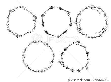 Vector set of black silhouette of circle herb borders. Round monochrome frame collection of twigs and flowers 89566242