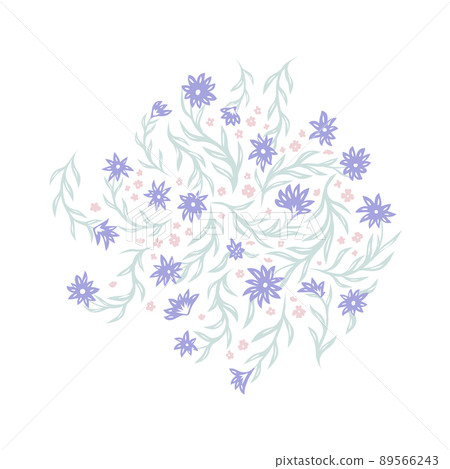 Vector illustration of delicate small purple and pink flowers on stems in circle composition on a white background. Natural clipart Vector illustration of delicate small purple and pink flowers on stems in circle composition on a white background. Natural clipart 89566243