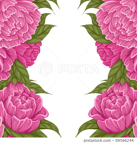 Square card with symmetry lush cartoon peony flowers with foliage and copy space. Vector natural border with floral bouquet Square card with symmetry lush cartoon peony flowers with foliage and copy space. Vector natural border with floral bouquet 89566244