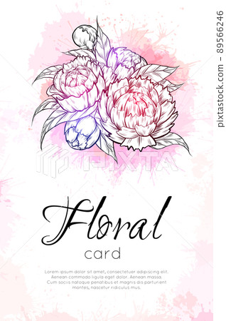 Vector vertical card with contour peony flowers with pink watercolor splashes and copy space. Invitation with natural floral bouquet 89566246