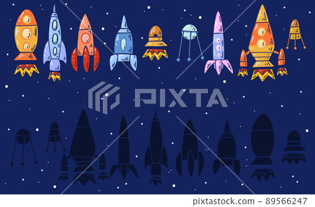 Vector template for preschool games. Find the correct shadow. Childrens educational fun. Find right black silhouette for rockets in cosmos Vector template for preschool games. Find the correct shadow. Childrens educational fun. Find right black silhouette for rockets in cosmos 89566247