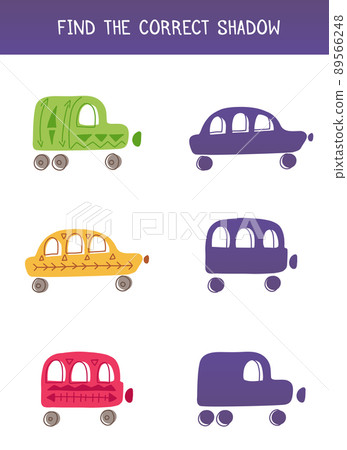 Find the correct shadow. Vector children educational game. Find right black silhouette for cars. Cartoon naive vans and transport Find the correct shadow. Vector children educational game. Find right black silhouette for cars. Cartoon naive vans and transport 89566248