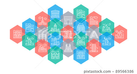 Travel Landmark web page banner. Egypt, Italy, United Kingdom, France, India, USA line icons concept isolated on white background. 89566386