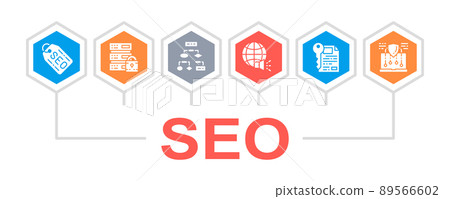 SEO icons illustration template. Bookmark, Hosting, Hyperlink, Advertisement, Data Transfer illustration for web banner. Web banner layout template. 89566602