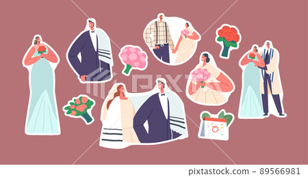 Set of Stickers Jewish Couples Wedding Ceremony, Jew Groom and Bride Characters Wear Festive Clothes, Modern Newlyweds 89566981