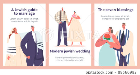 Jewish Couples Wedding Ceremony Banners, Contemporary Jew Groom and Bride Characters Wear Festive Clothes 89566982