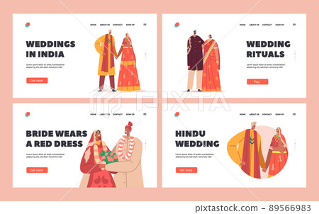 Traditional Indian Couples Wedding Landing Page Template Set.Happy Groom and Bride Characters Wear Festive Clothes 89566983