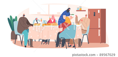 Muslim Holiday Celebration, Festive Dinner. Traditional Arab Family Characters Eating Iftar Sitting Together at Table Muslim Holiday Celebration, Festive Dinner. Traditional Arab Family Characters Eating Iftar Sitting Together at Table 89567029