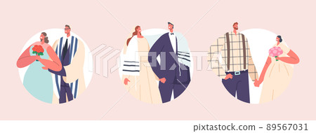 Set Jewish Couples Wedding Ceremony Round Icons, Modern Jew Groom and Bride Characters Wear Festive Clothes, Newlyweds 89567031