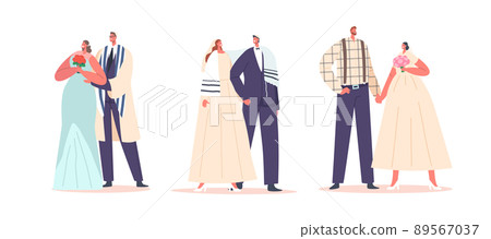 Set Jewish Couples Wedding Ceremony, Contemporary Jew Groom and Bride Characters Wear Festive Clothes, Modern Newlywed 89567037