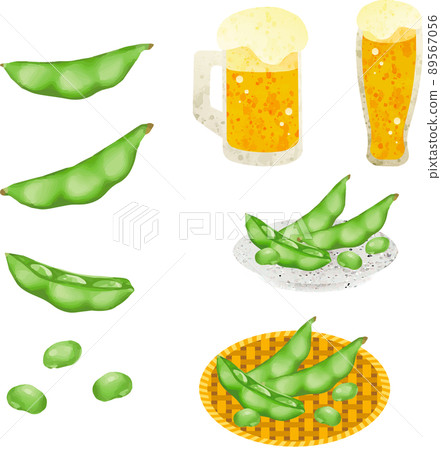 Summer edamame beer, watercolor, analog touch, food, snacks, vegetables, illustration material set 89567056
