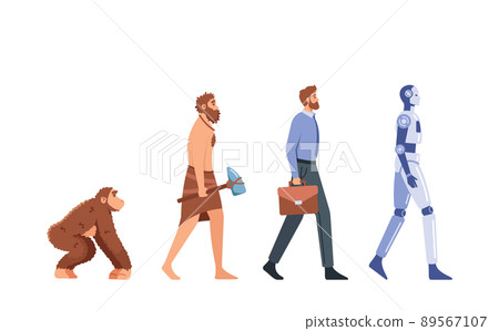 Human Evolution, Mankind Development Concept. Monkey, Caveman, Businessman, Cyborg. Male Character Evolving Human Evolution, Mankind Development Concept. Monkey, Caveman, Businessman, Cyborg. Male Character Evolving 89567107