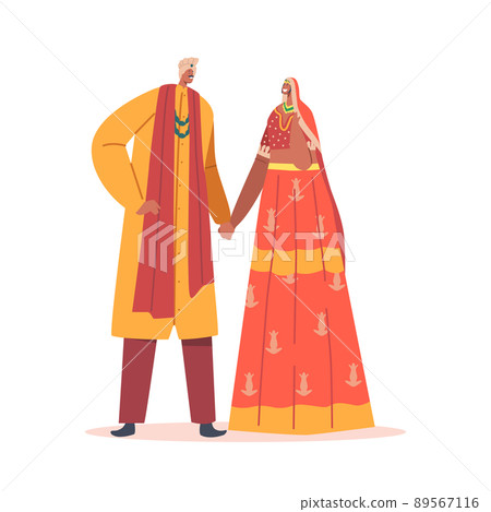 Newlywed Indian Man and Woman Wear Beautiful Gold and Red Festive Dresses Celebrate Wedding Ceremony Newlywed Indian Man and Woman Wear Beautiful Gold and Red Festive Dresses Celebrate Wedding Ceremony 89567116