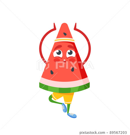 Funny Watermelon Slice Cartoon Character on Yoga or Pilates Sport. Comic Personage, Cute Fruit Mascot in Yogi Pose Funny Watermelon Slice Cartoon Character on Yoga or Pilates Sport. Comic Personage, Cute Fruit Mascot in Yogi Pose 89567203
