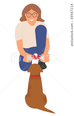 Girl gives a gift to her pet. Bone tied with a gift ribbon for a dog. Concept. Cartoon. Vector. Girl gives a gift to her pet. Bone tied with a gift ribbon for a dog. Concept. Cartoon. Vector. 89567214