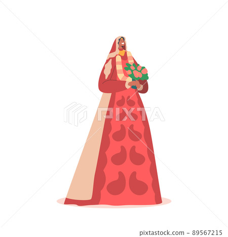 Happy Indian Bride Character in Long Red Dress with Bouquet Isolated on White Background. Wedding Ceremony in India Happy Indian Bride Character in Long Red Dress with Bouquet Isolated on White Background. Wedding Ceremony in India 89567215