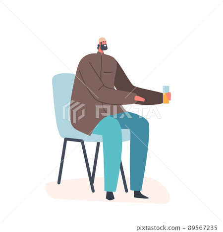 Muslim Male Character Wear Traditional Dress Sitting on Chair Holding Glass with Drink Isolated on White Background 89567235