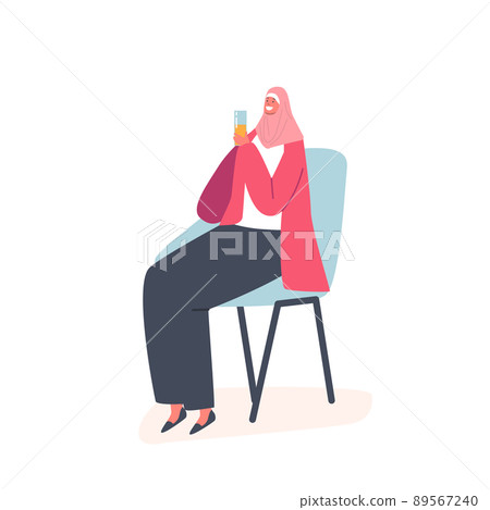 Arabic Woman Wear Traditional Dress Sitting on Chair Holding Glass with Drink Isolated on White Background 89567240