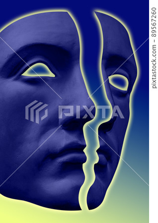 Collage with antique sculpture of mask human face in neon style. Modern creative concept image with ancient statue head. Zine culture. Contemporary art poster. Funky punk minimalism. Unusual design. 89567260