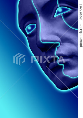 Collage with antique sculpture of mask human face in neon style. Modern creative concept image with ancient statue head. Zine culture. Contemporary art poster. Funky punk minimalism. Unusual design. Collage with antique sculpture of mask human face in neon style. Modern creative concept image with ancient statue head. Zine culture. Contemporary art poster. Funky punk minimalism. Unusual design. 89567261