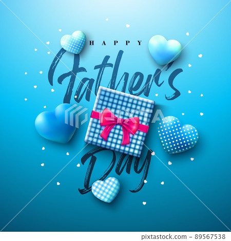 Happy Father's Day Greeting Card Design with Heart and Gift Box and Typography Lettering on Blue Background. Vector Celebration Illustration for Dad. Template for Banner, Flyer or Poster. 89567538