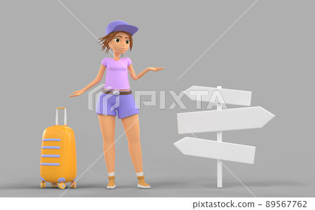 3D Girl tourist with yellow suitcase stand on crossroad with direction signs. Cartoon illustration of young woman traveler choose way near road posts with arrows. Summer travel concept, 3d render 3D Girl tourist with yellow suitcase stand on crossroad with direction signs. Cartoon illustration of young woman traveler choose way near road posts with arrows. Summer travel concept, 3d render 89567762