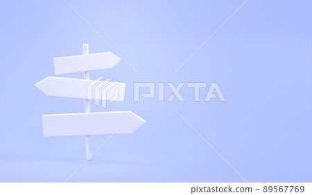 White direction sign on pastel blue background. Road post with arrows, signpost pointing on paths fork, crossroad with pointers. Choice of way concept and making decision. Minimal design, 3d render 89567769