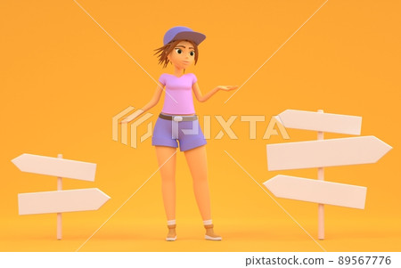Pensive girl tourist stand on crossroad with direction signs. Cartoon illustration of cute young woman traveler choose way near road posts with arrows. Hiking, summer travel journey, 3d render Pensive girl tourist stand on crossroad with direction signs. Cartoon illustration of cute young woman traveler choose way near road posts with arrows. Hiking, summer travel journey, 3d render 89567776