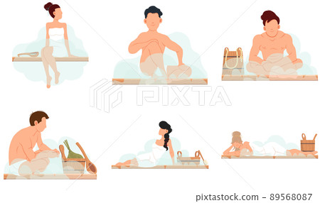 Set of illustrations people and wellness spa procedures, characters relaxing in sauna or banya 89568087