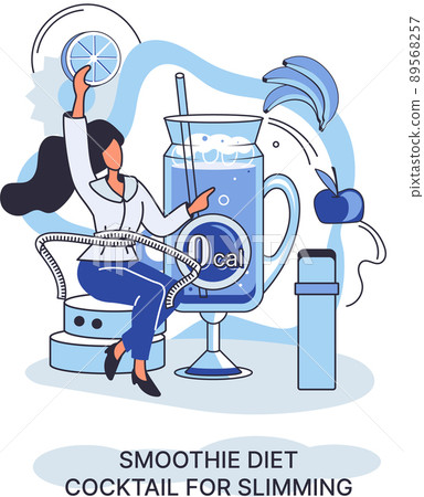 Smoothie as healthy diet cocktail for slimming tiny person concept. Vegan detox food and drink metaphor 89568257