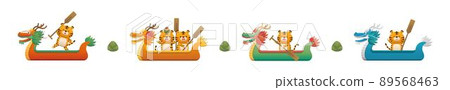 Elements of Chinese Dragon Boat Festival, cute tiger mascot character rowing race with dragon boat and zongzi 89568463