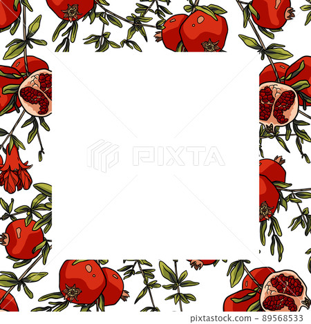 Pomegranate frame. Beautiful summer invitation. Colorful illustration Pomegranate frame. Beautiful summer invitation. Colorful illustration 89568533