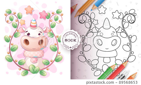 Cartoon character animal childish unicorn in forest - color book Cartoon character animal childish unicorn in forest - color book 89568653