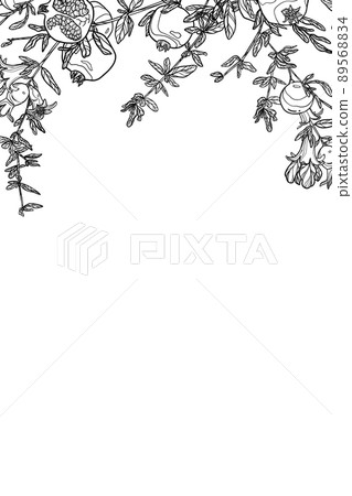Invitation with pomegranate branches. Outline drawing fruit, leaves, buds, twigs Invitation with pomegranate branches. Outline drawing fruit, leaves, buds, twigs 89568834