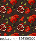 Pomegranate seamless pattern. Red ripe fruit, buds and leaves on brown background. Illustration 89569300