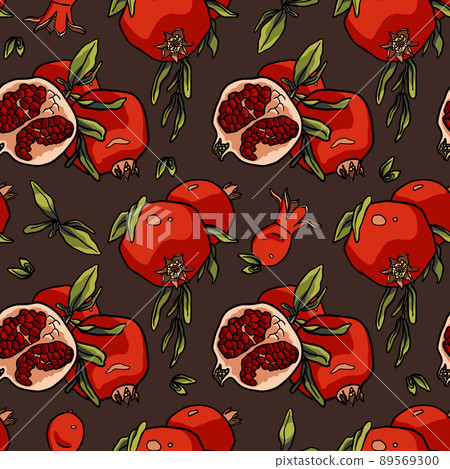 Pomegranate seamless pattern. Red ripe fruit, buds and leaves on brown background. Illustration 89569300