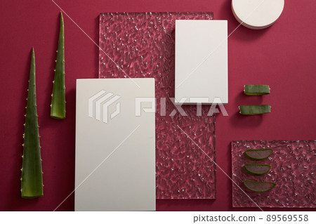 Top view of aloe vera decorated with white podium and red background Top view of aloe vera decorated with white podium and red background 89569558