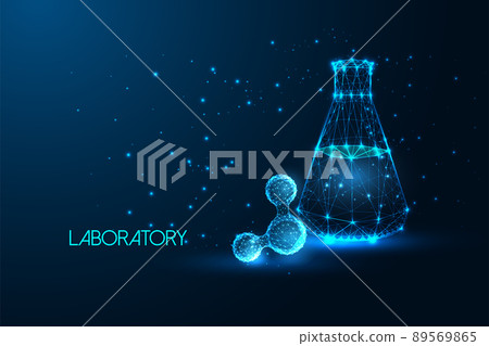 Futuristic scientific research concept with glowing abstract molecule and laboratory beaker  89569865