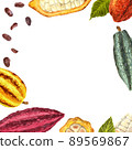 Cocoa fruit card. Ripe colorful fruit and beans on white background. Watercolor illustration 89569867