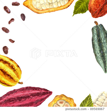 Cocoa fruit card. Ripe colorful fruit and beans on white background. Watercolor illustration Cocoa fruit card. Ripe colorful fruit and beans on white background. Watercolor illustration 89569867