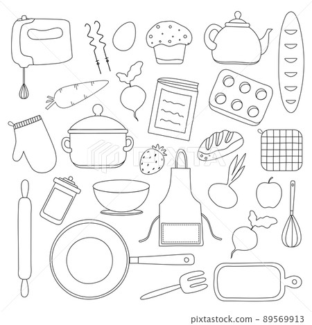 Doodle cooking vector set. Kitchen equipment and objects for cooking. Hand drawn food and ingredients clipart 89569913